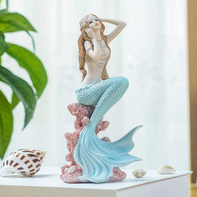 Rayberro Blue Mermaid Figurines 7.28" Resin Mermaid Sculpture Mediterranean Princess Ornaments Home Office Desktop Bookshelf Mermaid Collectible Figurines Crafts Fish Tank Aquarium Decoration - Image 3
